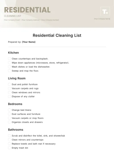 Free Residential Cleaning List Template to Edit Online