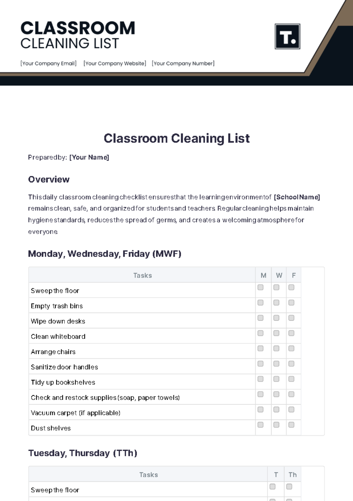 Classroom Cleaning List Template - Edit Online & Download