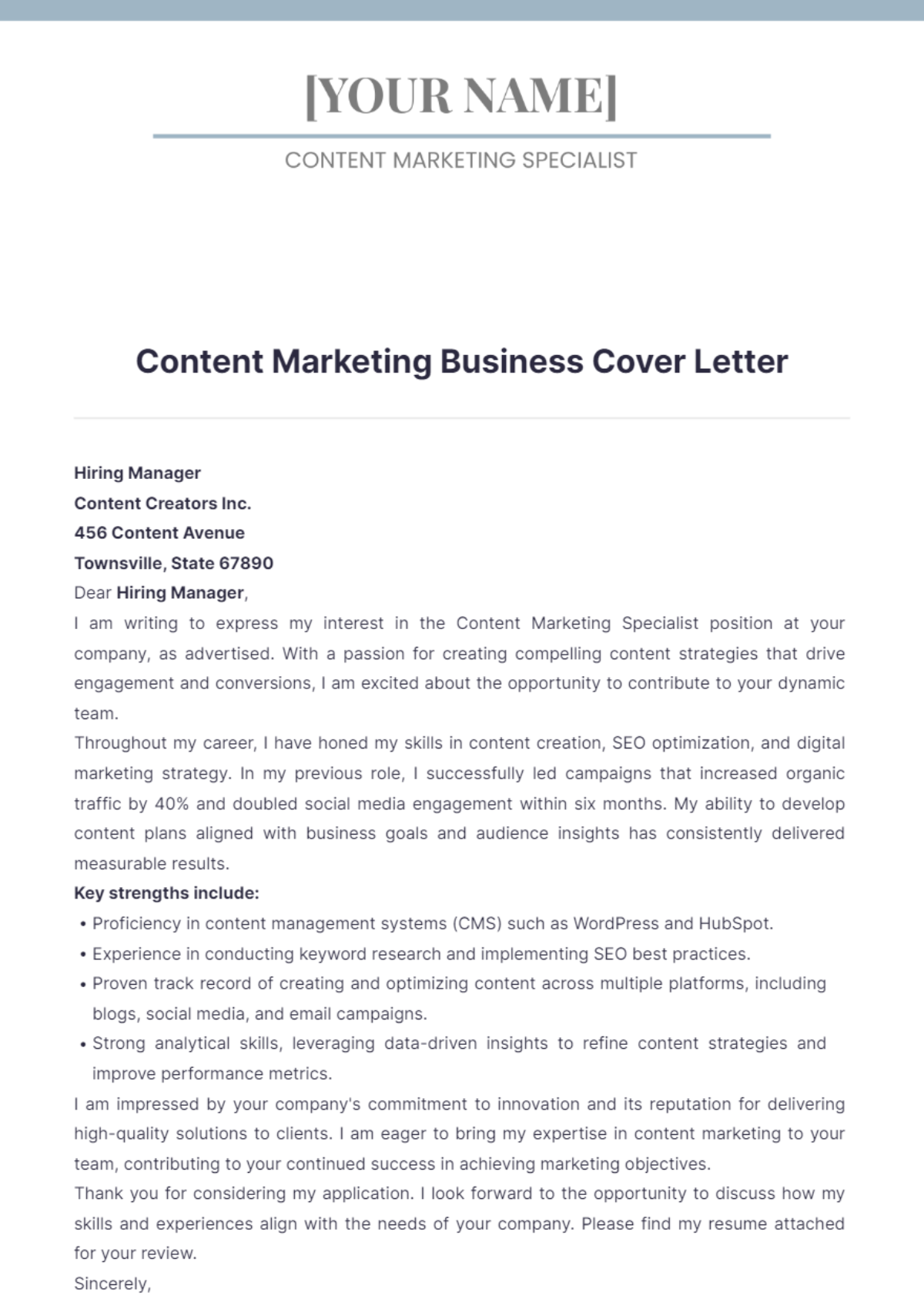 Content Marketing Business Cover Letter - Edit Online & Download