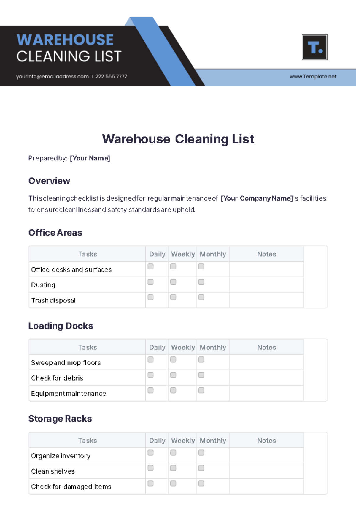 Warehouse Cleaning List Template - Edit Online & Download