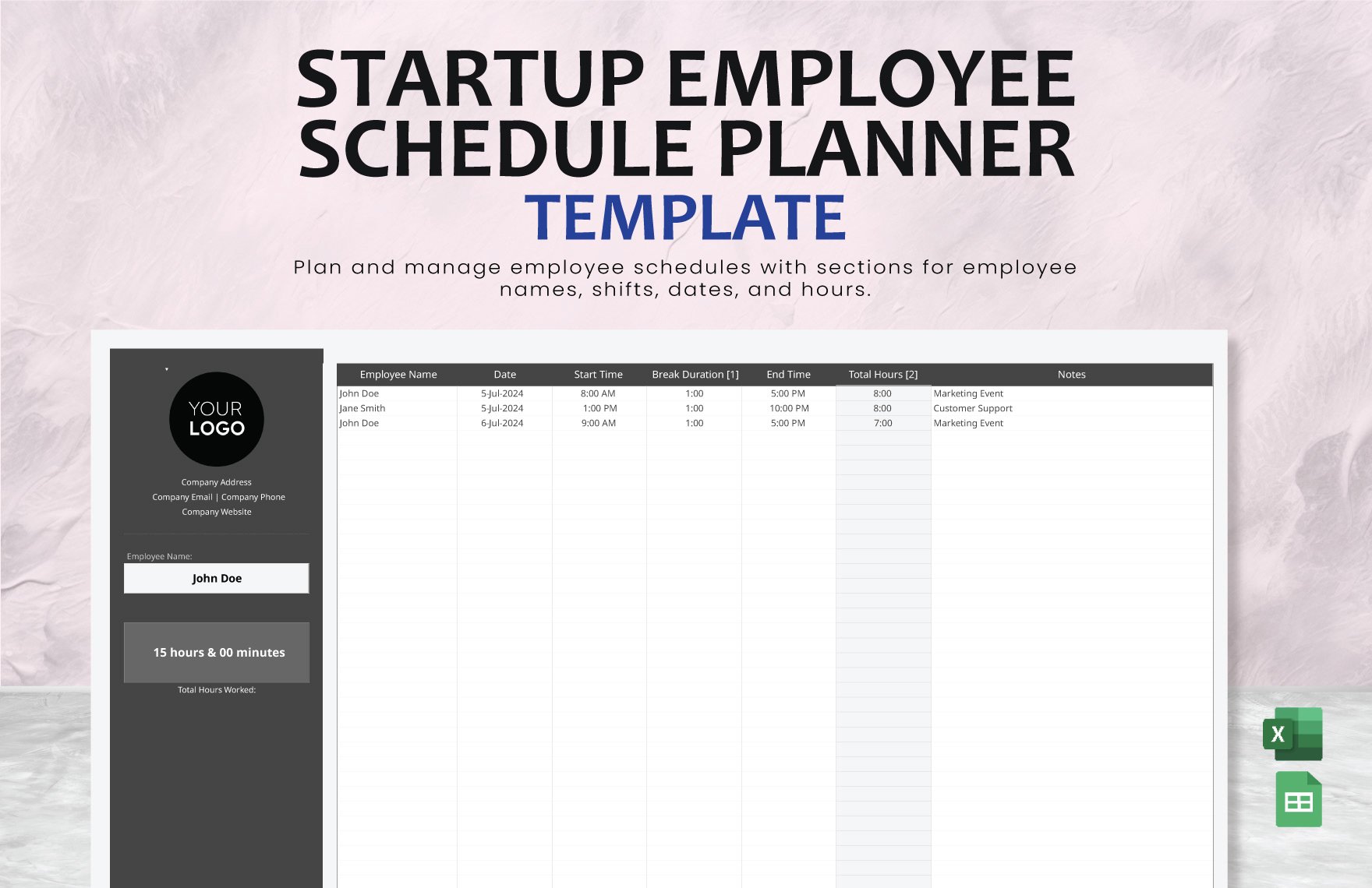 Startup Employee Schedule Planner Template in Excel, Google Sheets