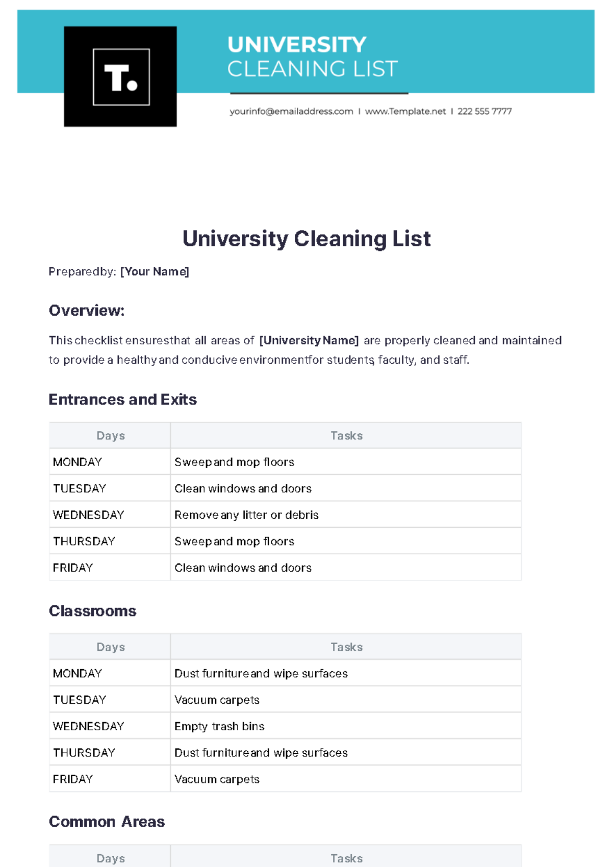 University Cleaning List Template - Edit Online & Download