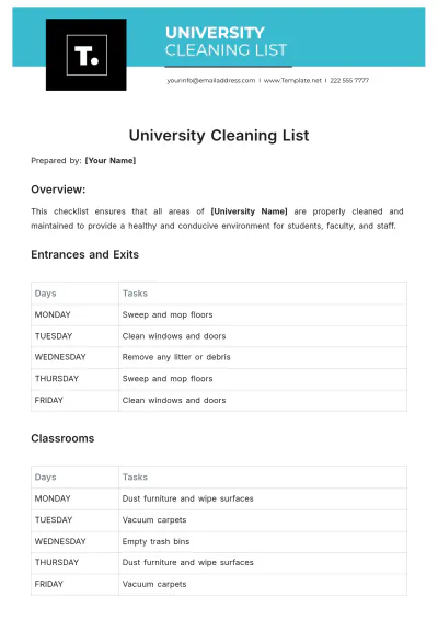 Free University Cleaning List Template to Edit Online