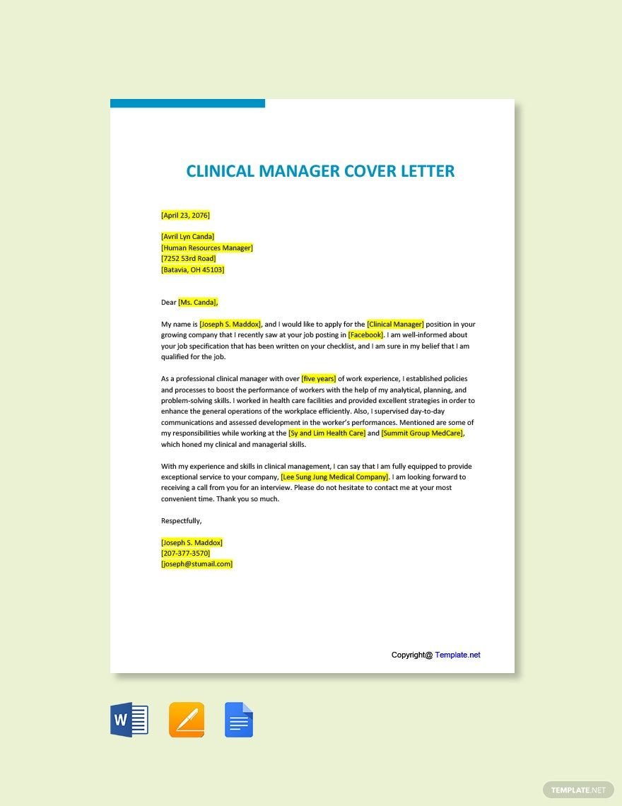 Free Clinical Manager Cover Letter Template