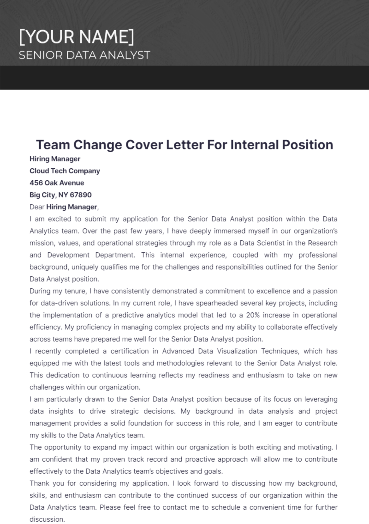 Team Change Cover Letter For Internal Position - Edit Online & Download