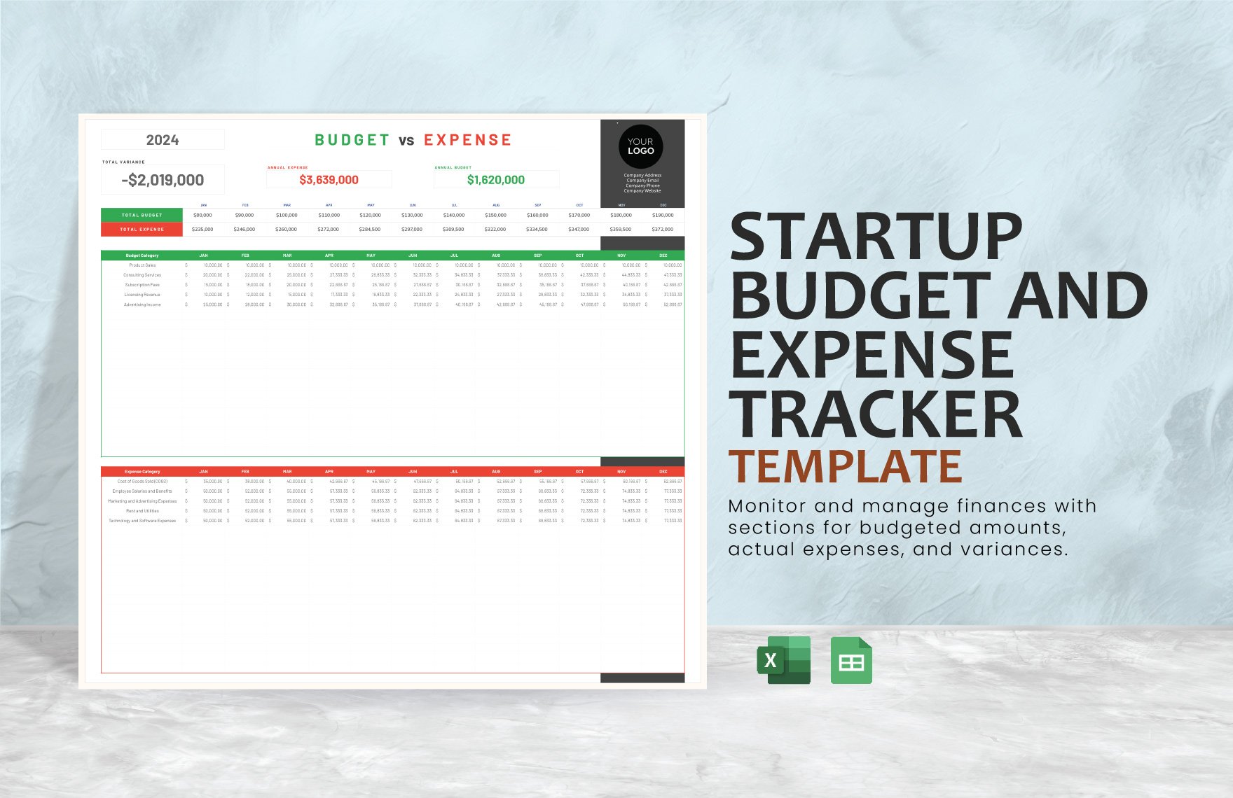 Startup Budget and Expense Tracker Template in Excel, Google Sheets