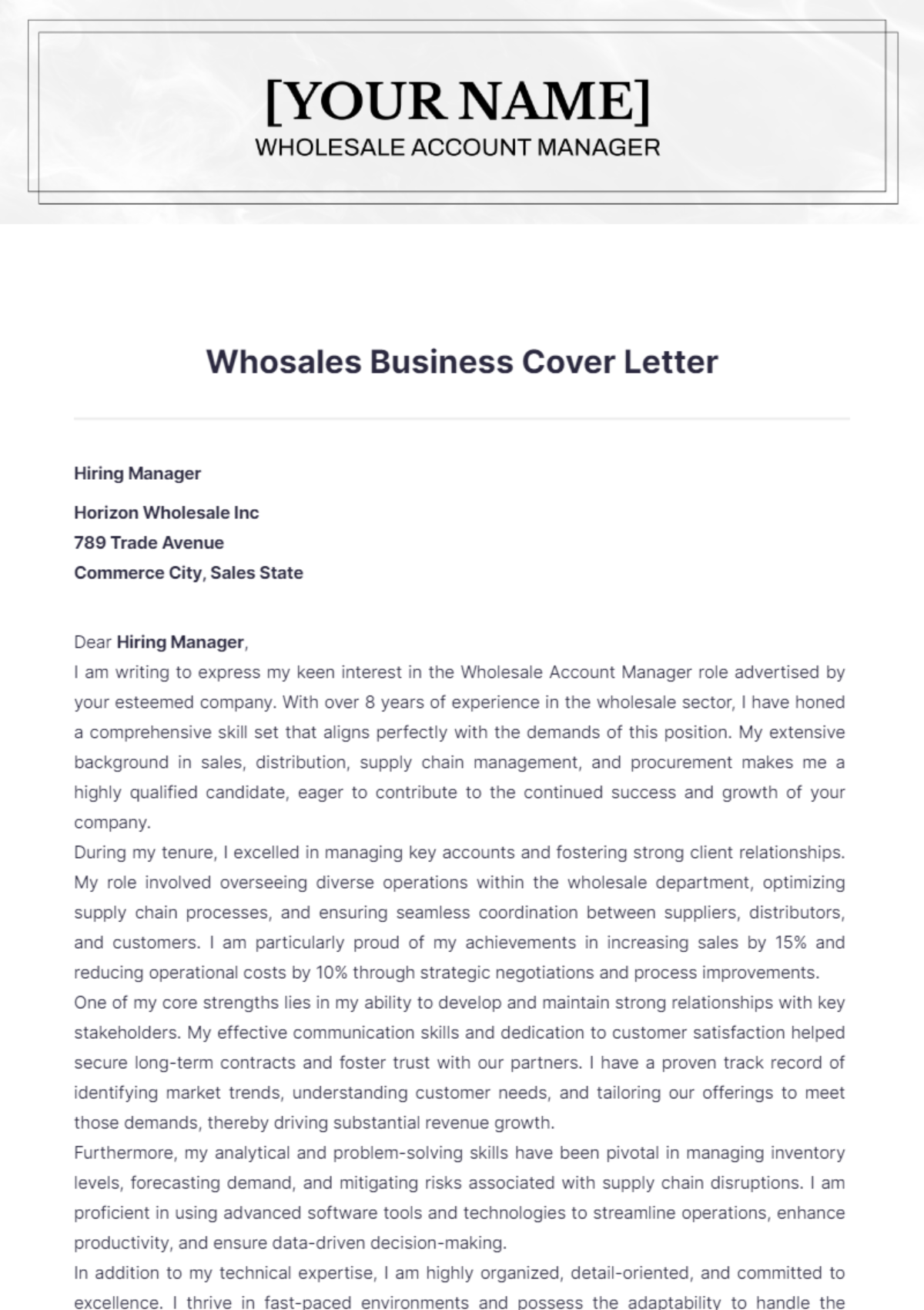 Wholesale Business Cover Letter - Edit Online & Download