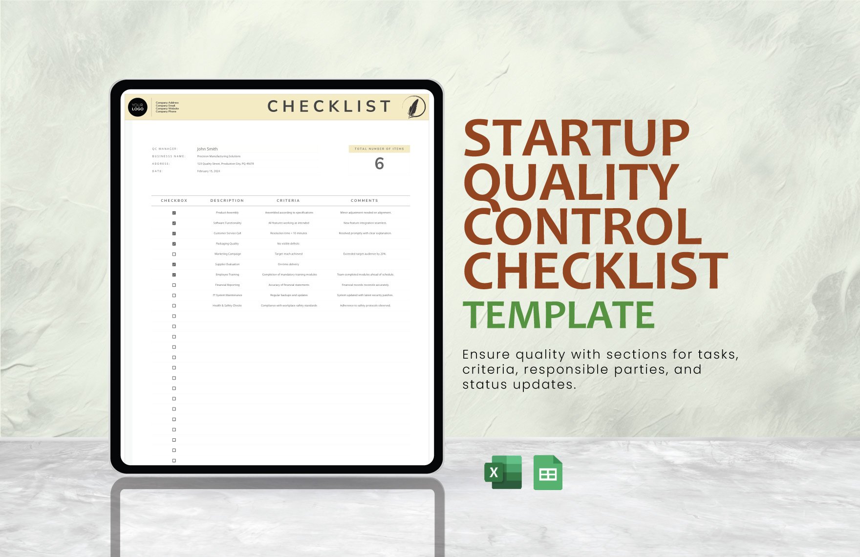 Startup Quality Control Checklist Template in Excel, Google Sheets