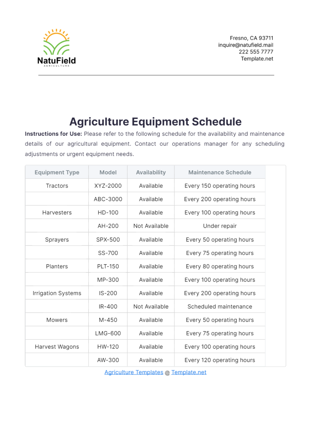 Agriculture Equipment Schedule Template - Edit Online & Download