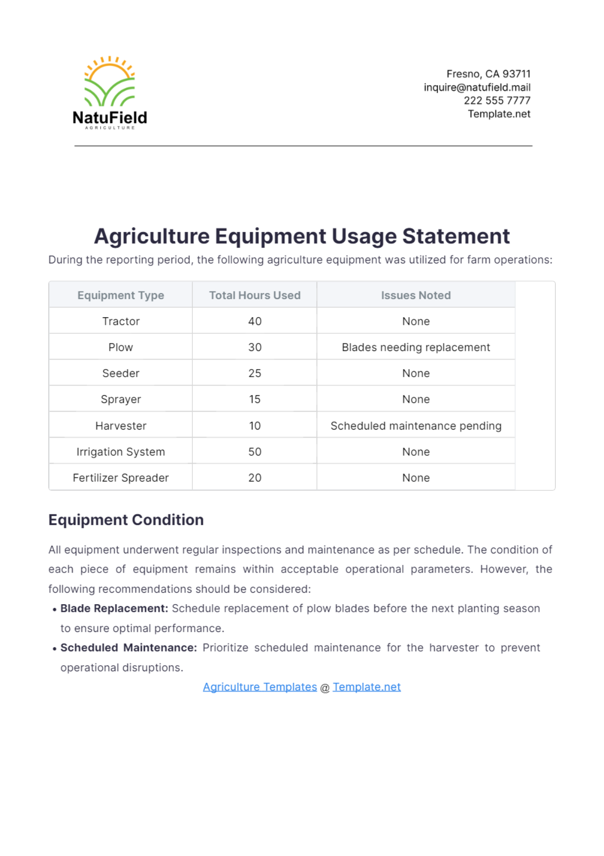 Agriculture Equipment Usage Statement Template - Edit Online & Download