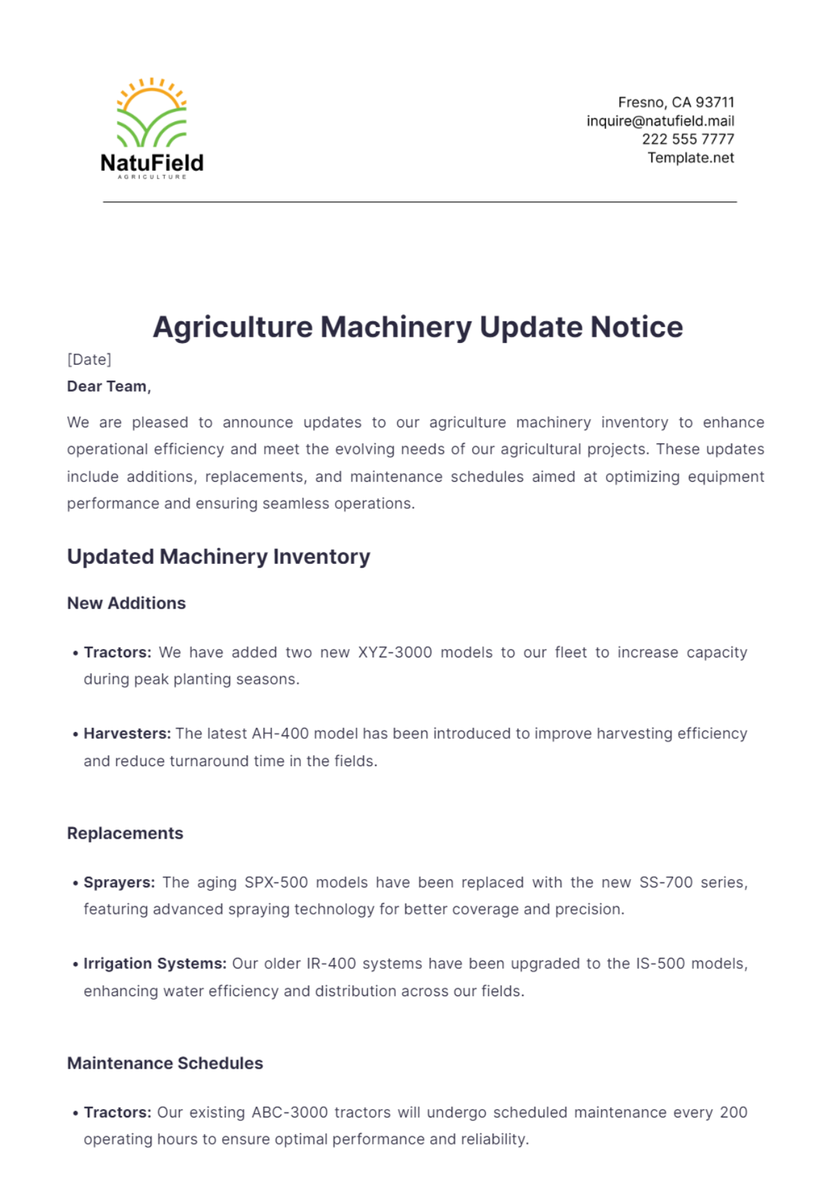 Agriculture Machinery Update Notice Template - Edit Online & Download