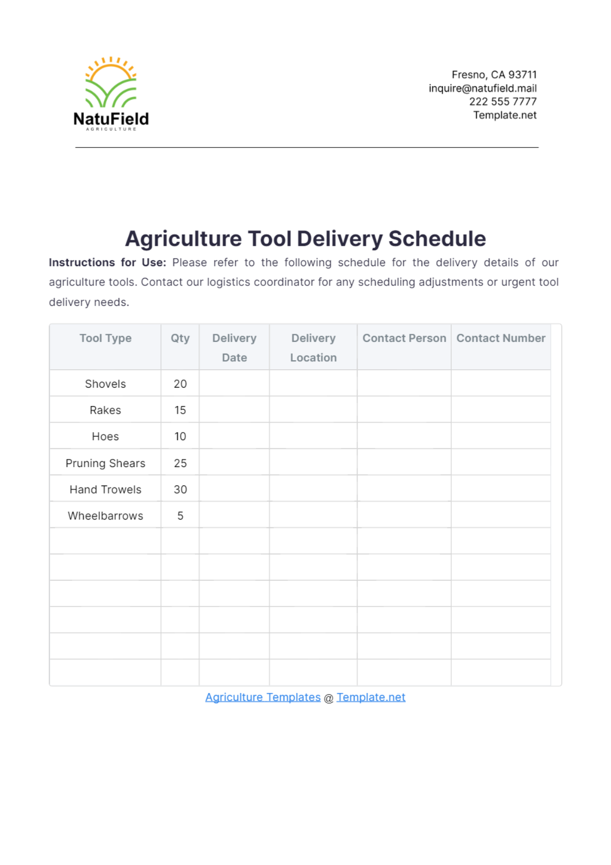 Agriculture Tool Delivery Schedule Template - Edit Online & Download