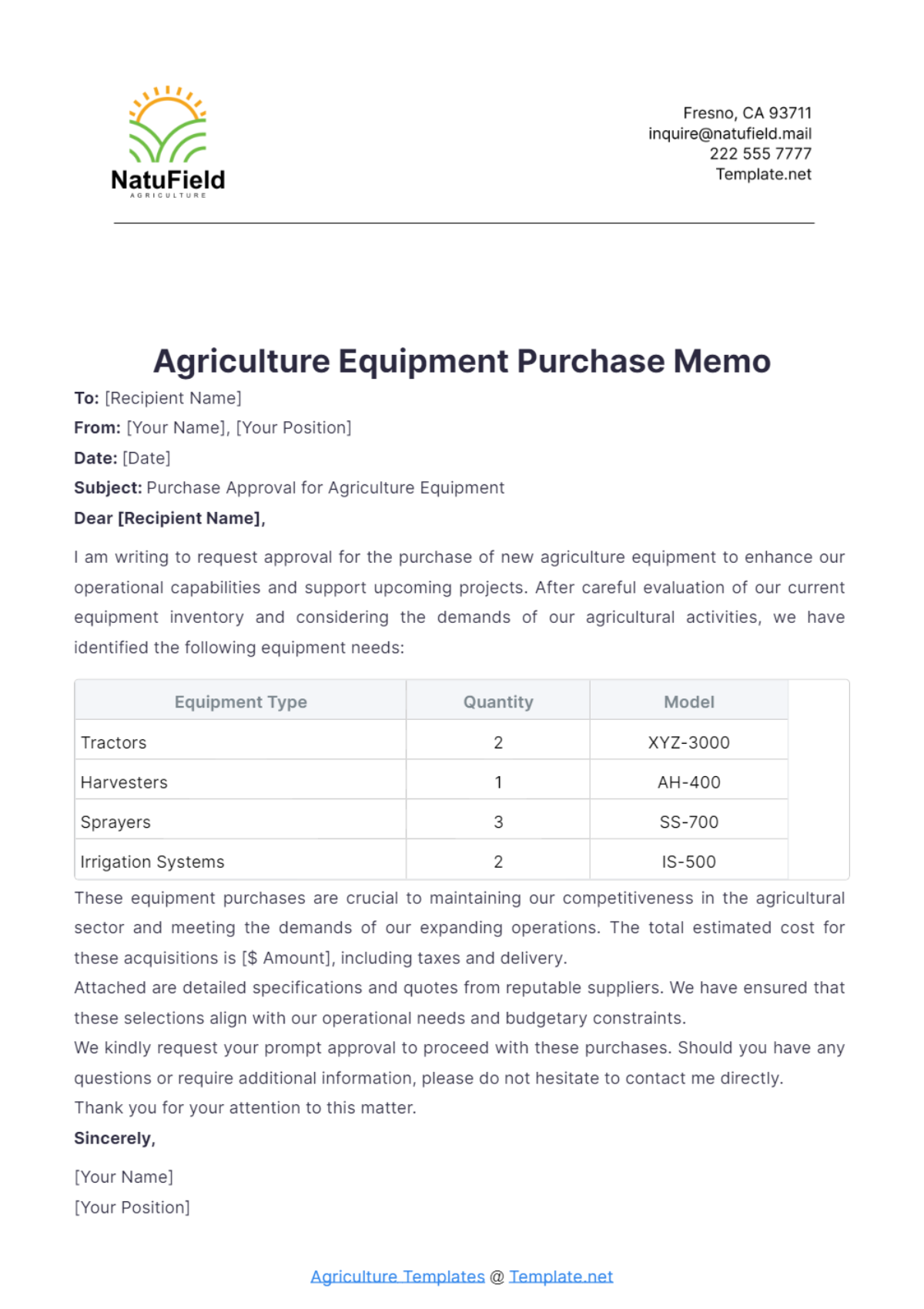 Agriculture Equipment Purchase Memo Template - Edit Online & Download