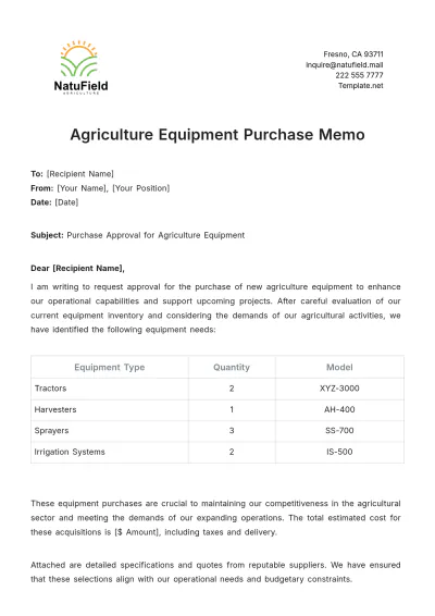 Free Agriculture Equipment Purchase Memo Template to Edit Online