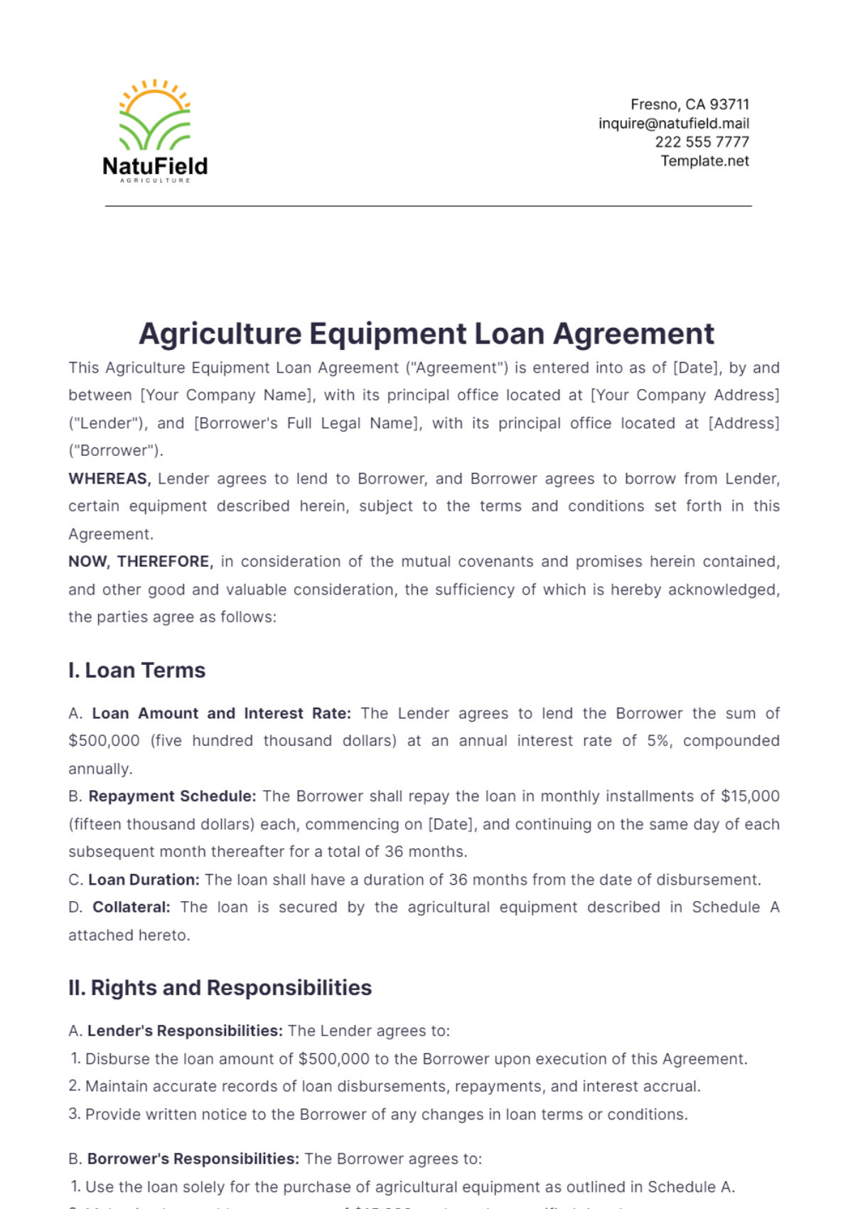 Agriculture Equipment Loan Agreement Template - Edit Online & Download