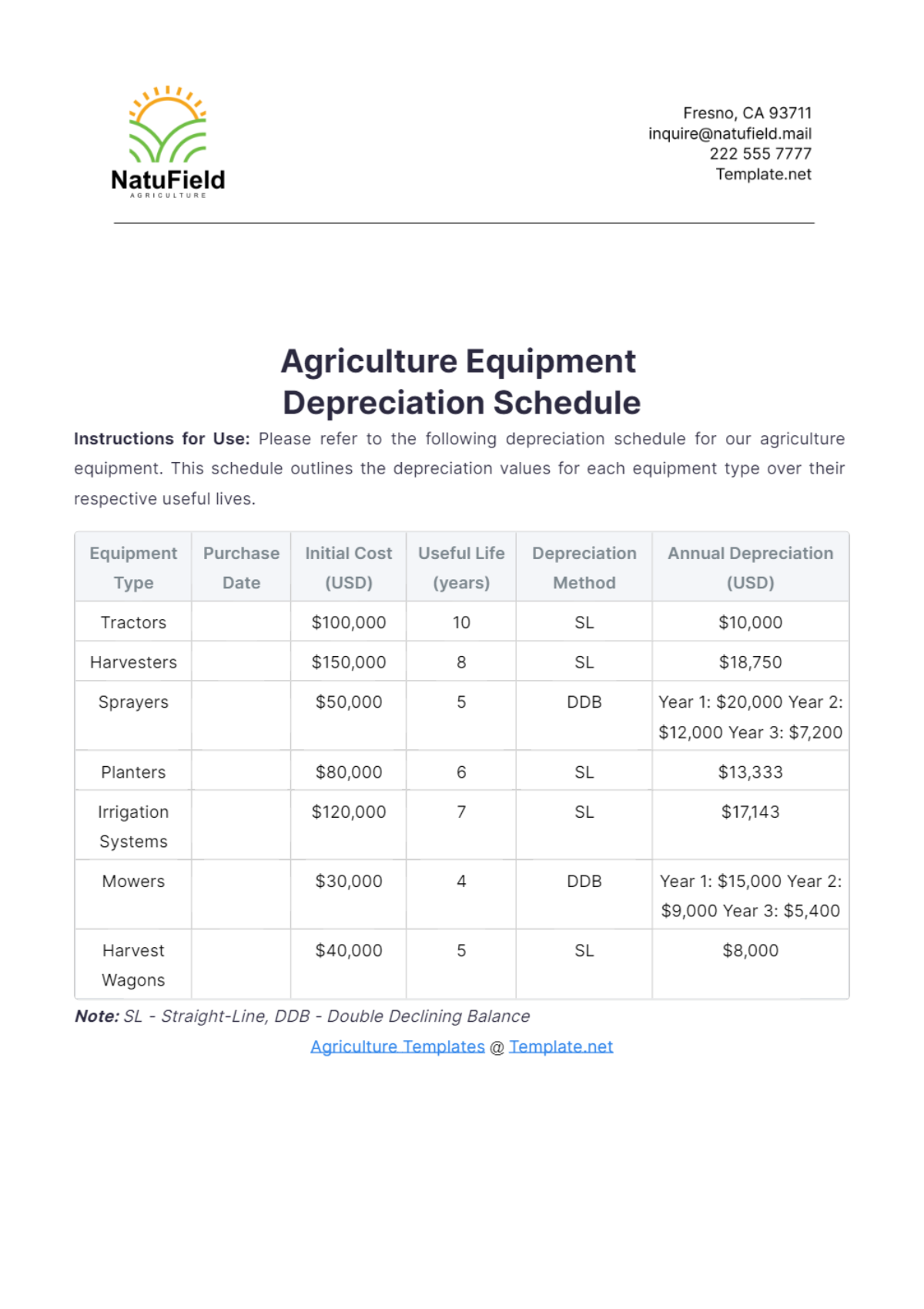 Agriculture Equipment Depreciation Schedule Template - Edit Online & Download