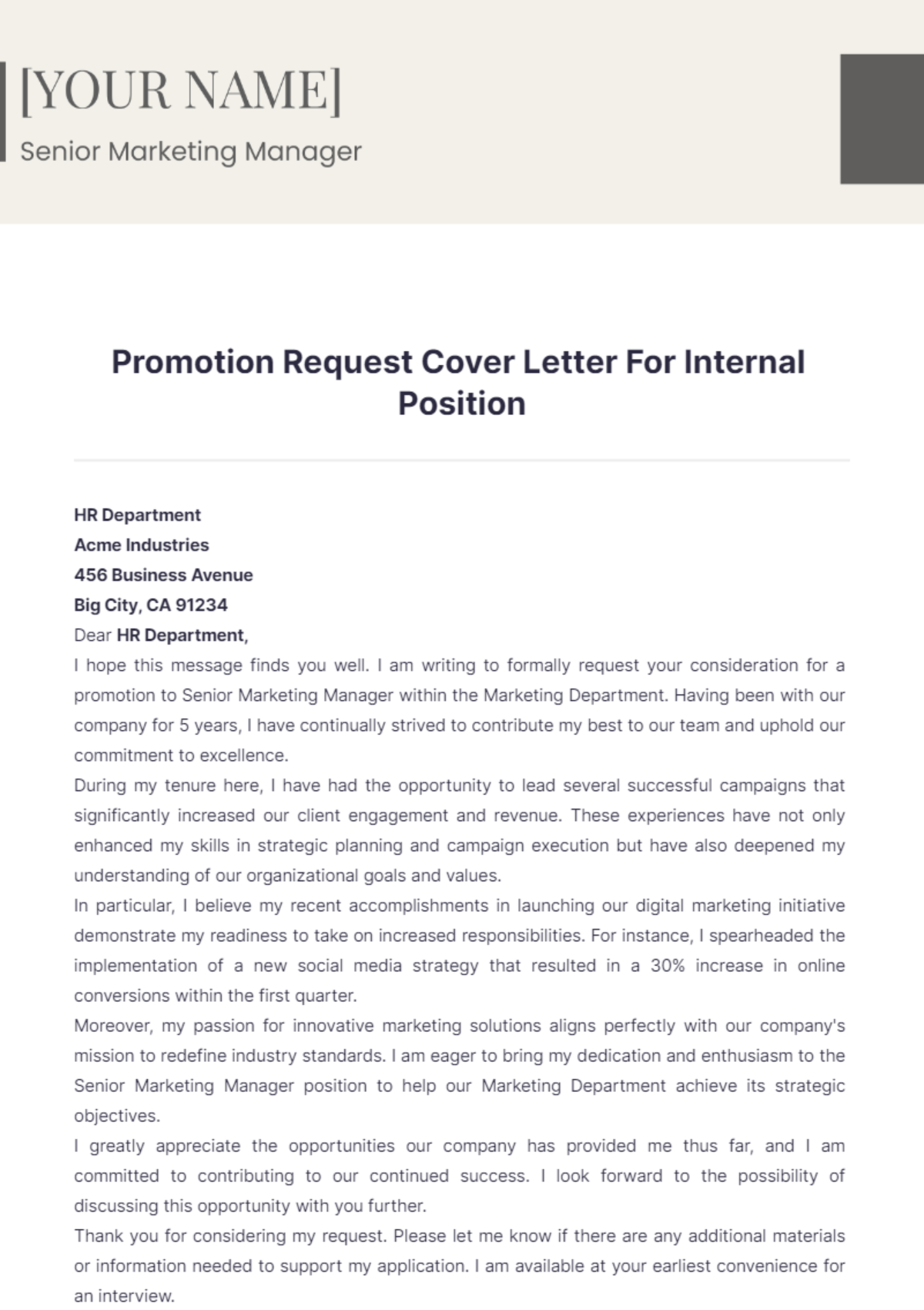 Promotion Request Cover Letter For Internal Position - Edit Online & Download