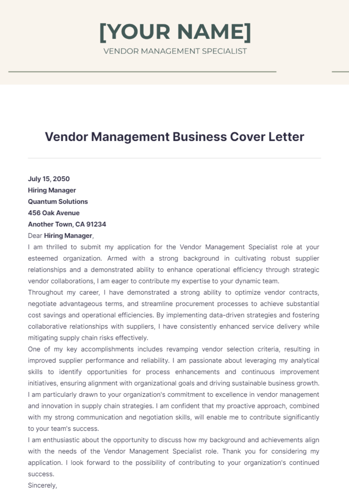 Vendor Management Business Cover Letter - Edit Online & Download