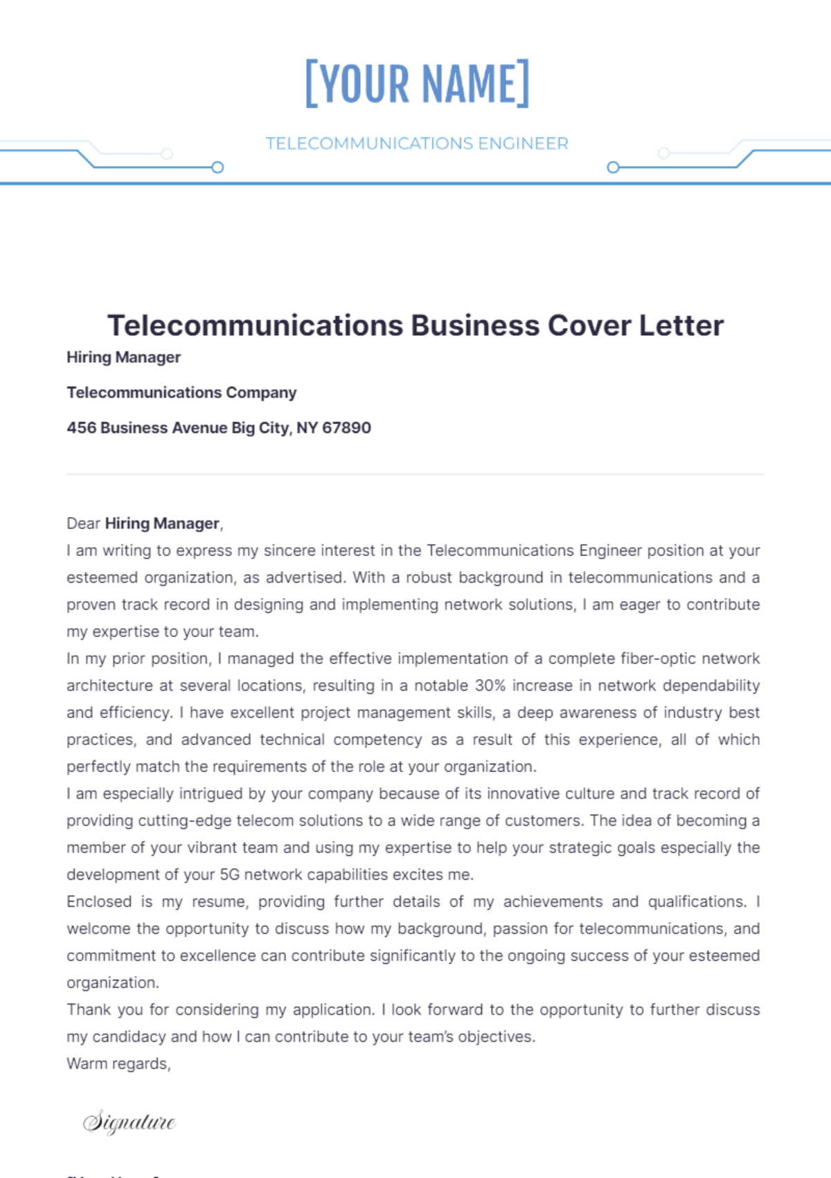 Telecommunications Business Cover Letter - Edit Online & Download