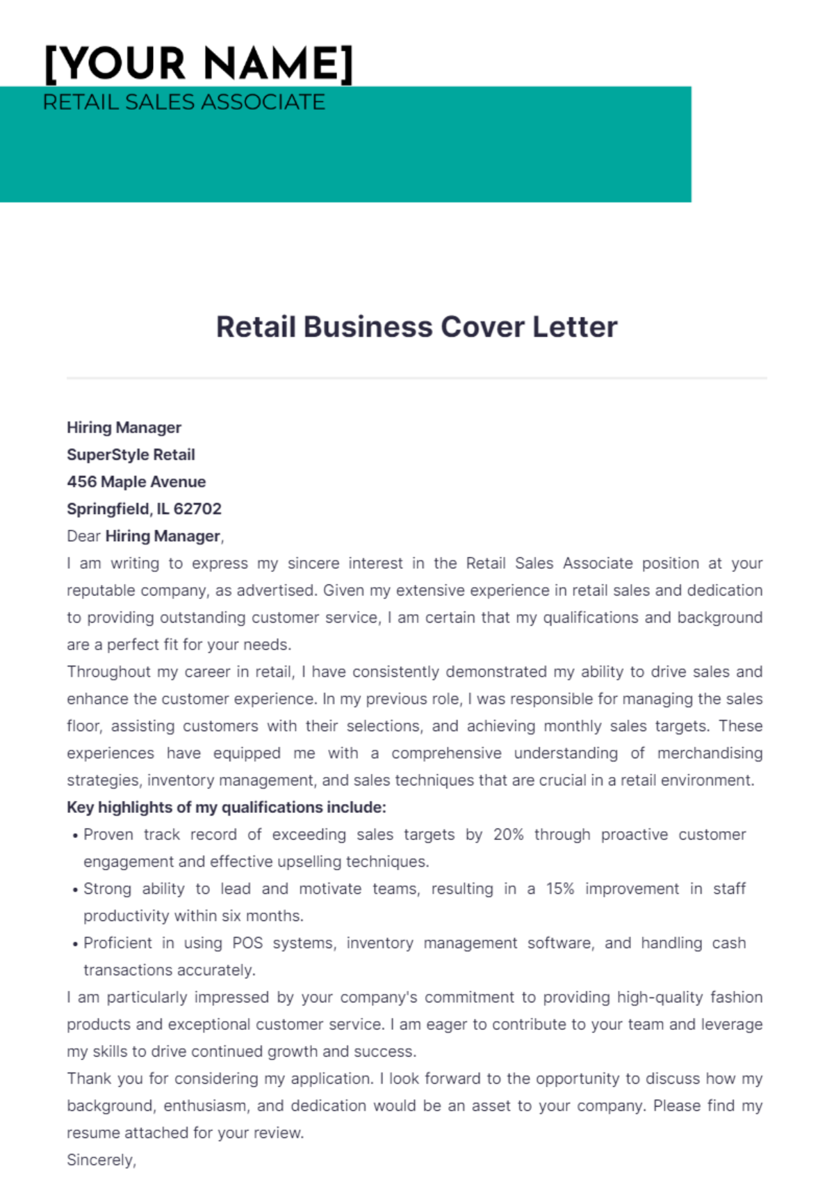 Retail Business Cover Letter - Edit Online & Download