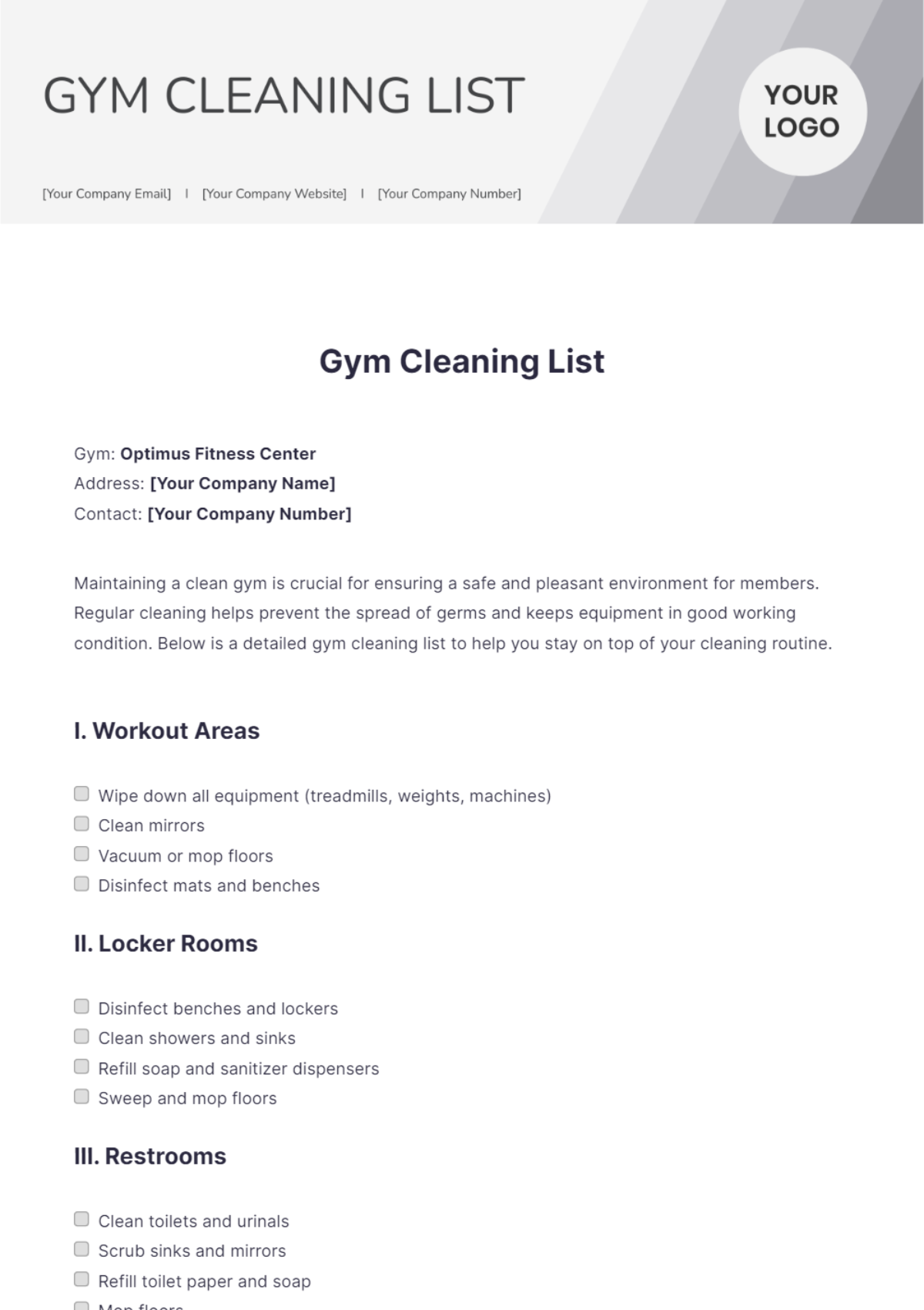 Gym Cleaning List Template - Edit Online & Download