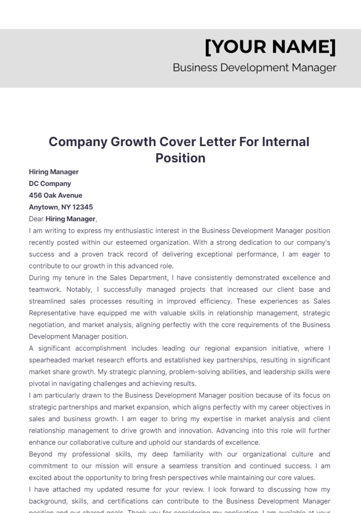 Company Growth Cover Letter For Internal Position - Edit Online & Download