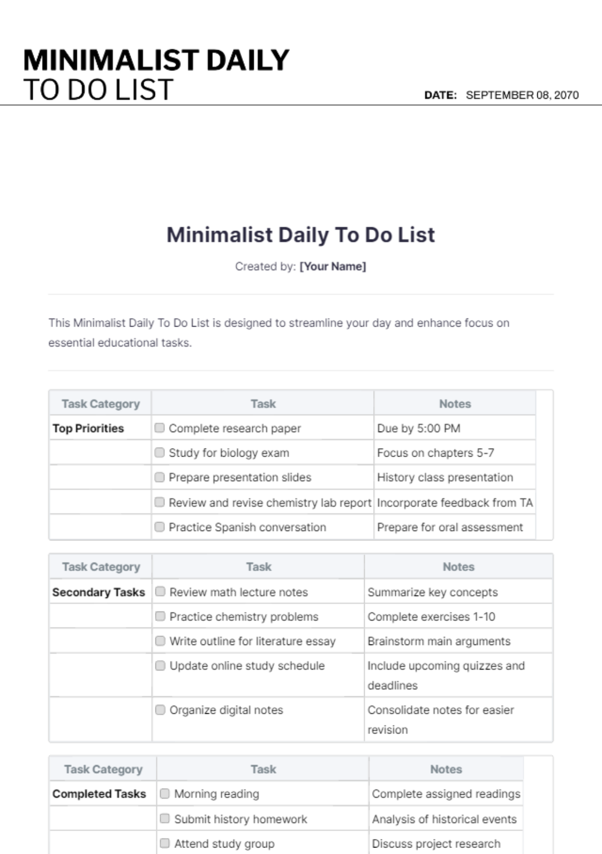 Minimalist Daily To Do List Template - Edit Online & Download