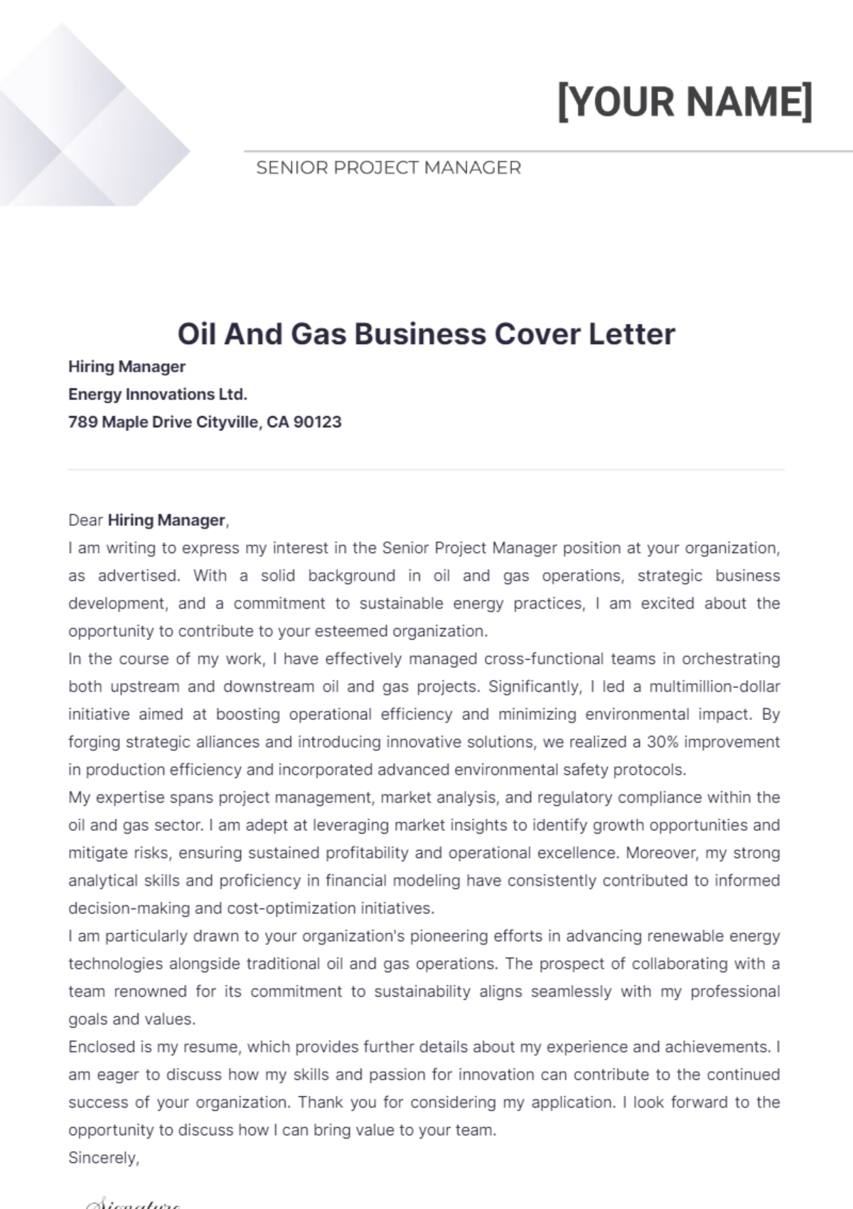 Oil And Gas Business Cover Letter - Edit Online & Download