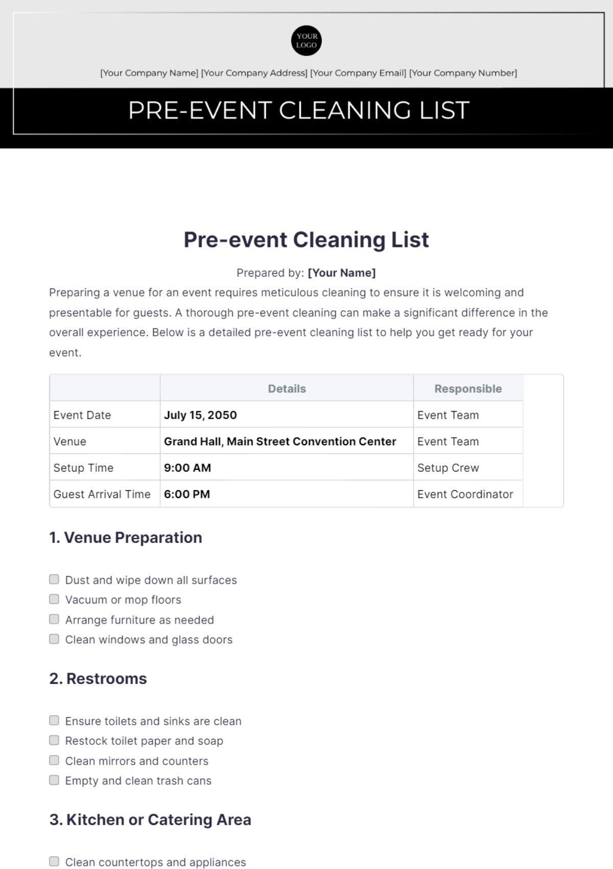 Pre-event Cleaning List Template - Edit Online & Download