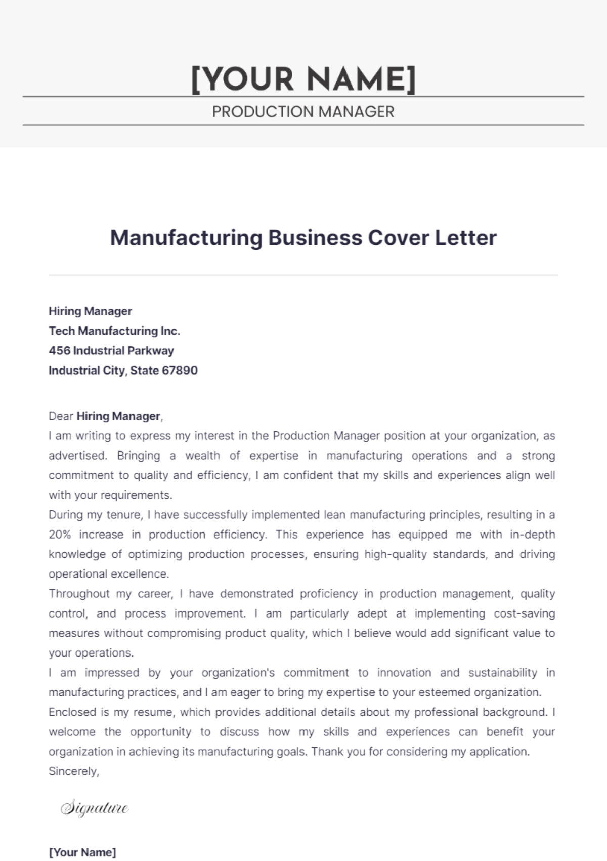 Manufacturing Business Cover Letter - Edit Online & Download