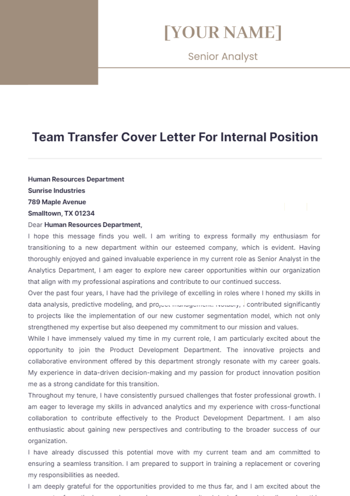 Team Transfer Cover Letter For Internal Position - Edit Online & Download