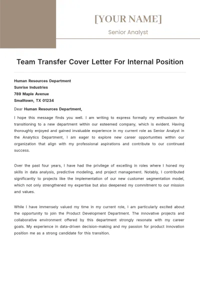 Free Team Transfer Cover Letter For Internal Position to Edit Online