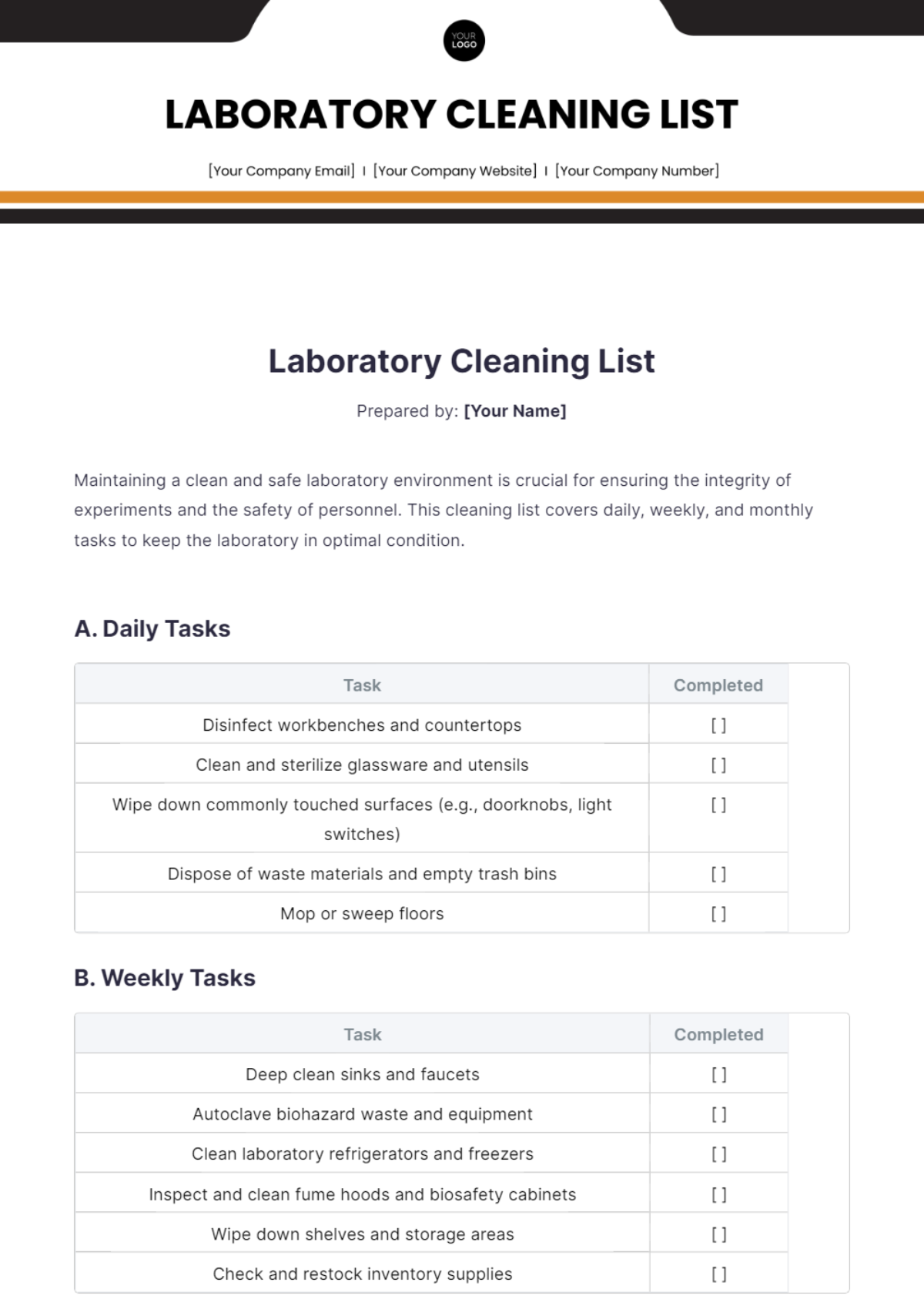 Laboratory Cleaning List Template - Edit Online & Download