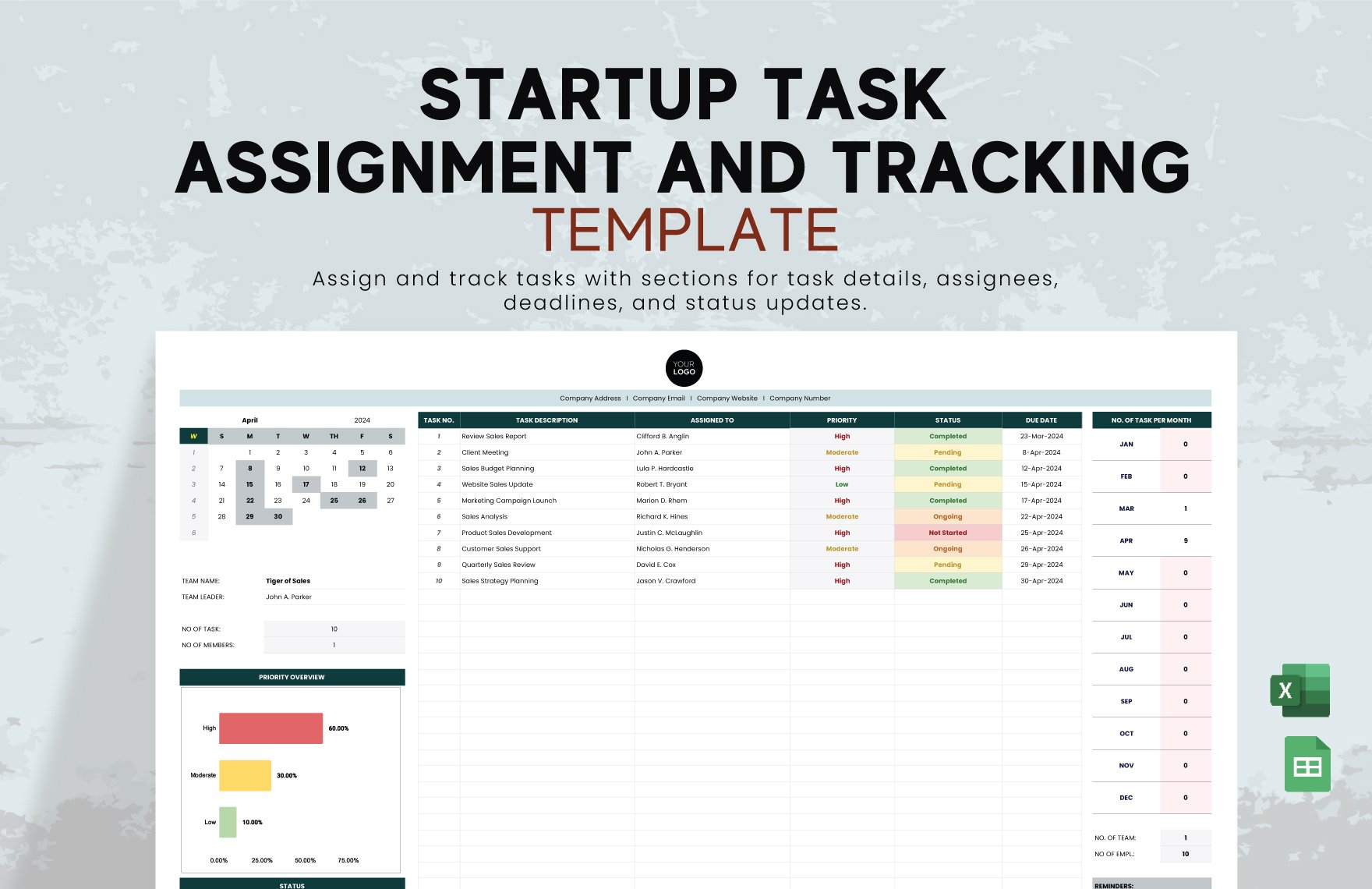Startup Task Assignment and Tracking Template in Excel, Google Sheets