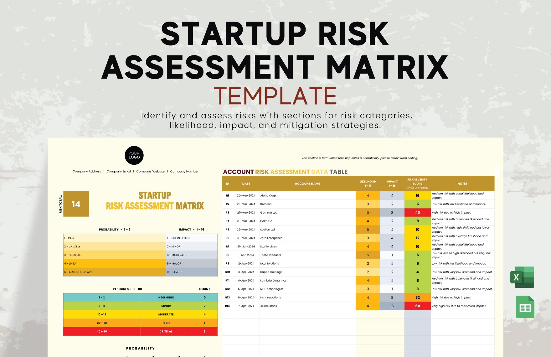 Startup Risk Assessment Matrix Template in Excel, Google Sheets