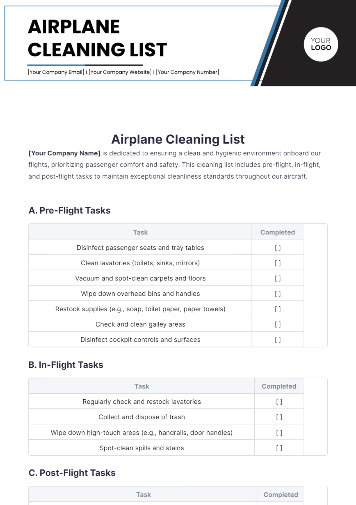 Airplane Cleaning List Template