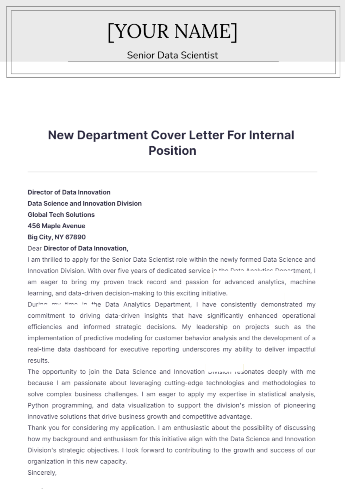 New Department Cover Letter For Internal Position - Edit Online & Download