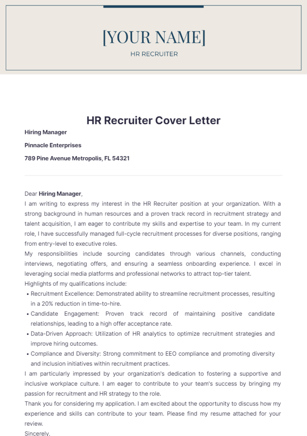 HR Recruiter Cover Letter - Edit Online & Download