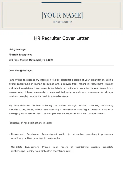 Free HR Recruiter Cover Letter to Edit Online