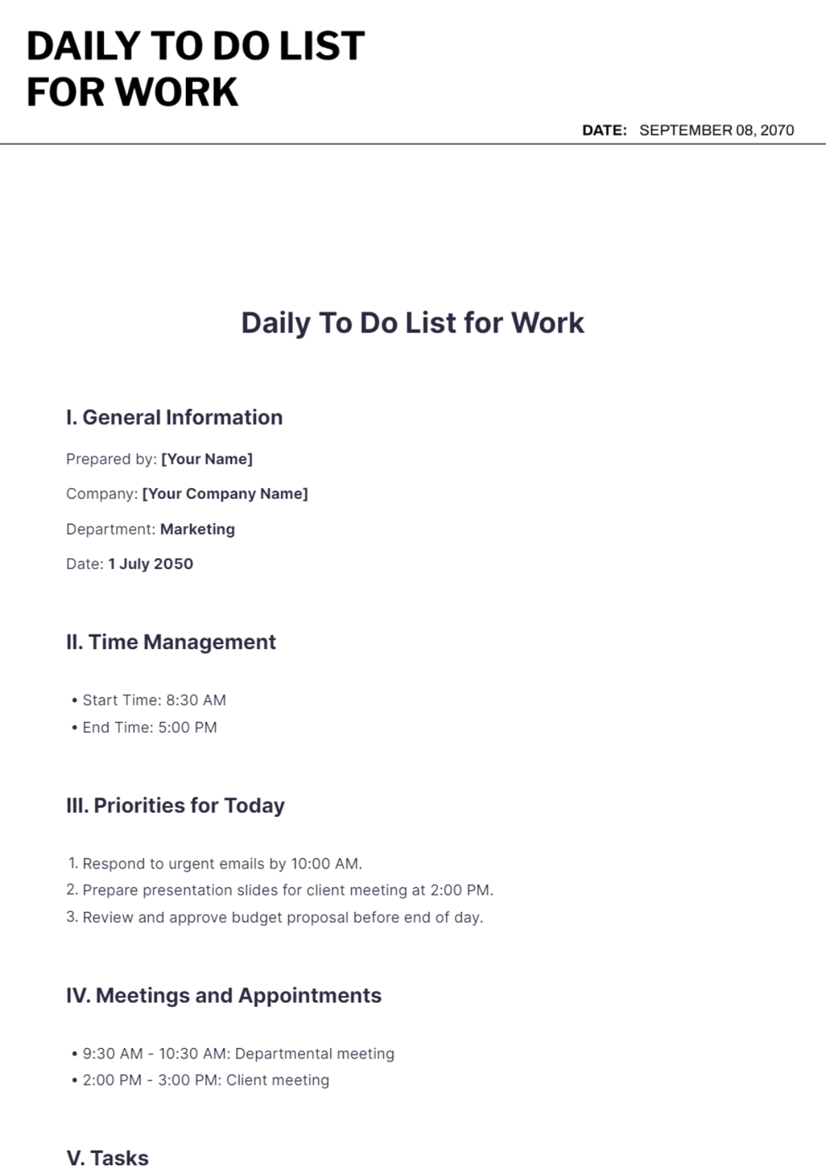 Daily To Do List Template for Work - Edit Online & Download