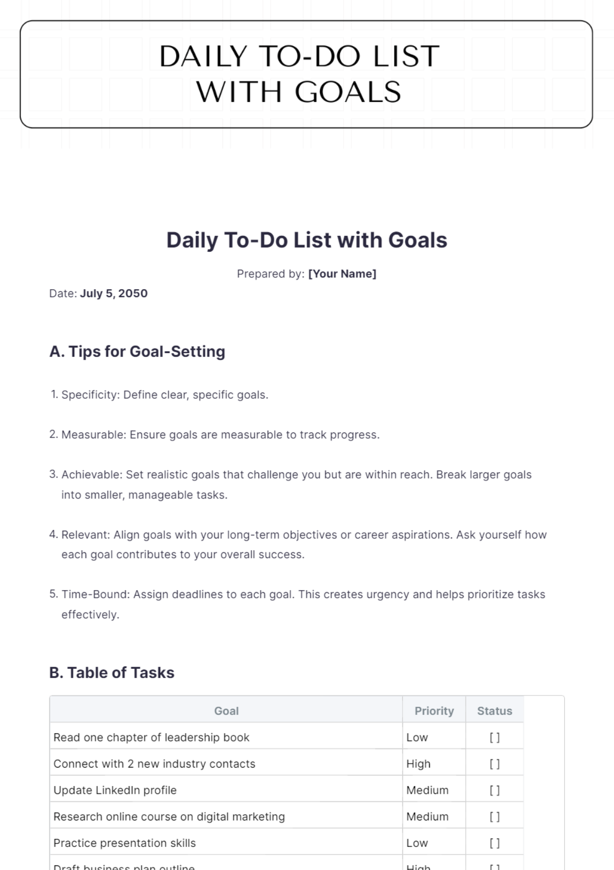 Daily To Do List Template with Goals - Edit Online & Download