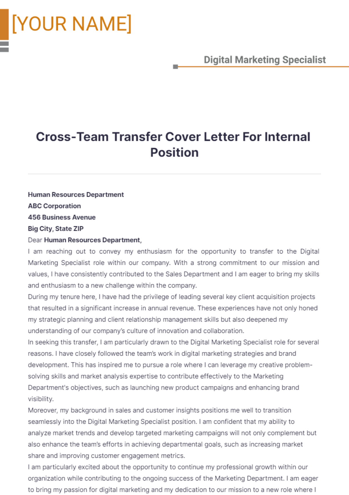 Cross-Team Transfer Cover Letter For Internal Position - Edit Online & Download