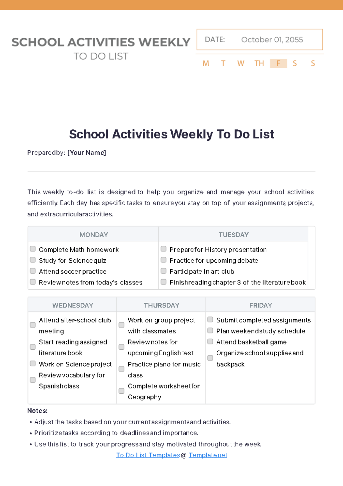 School Activities Weekly To Do List Template - Edit Online & Download