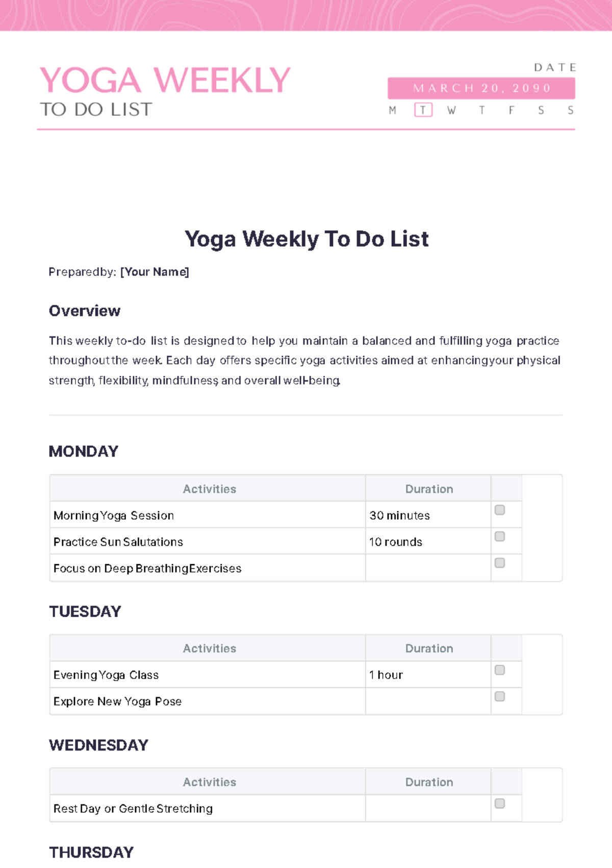 Yoga Weekly To Do List Template - Edit Online & Download