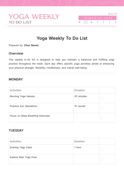 Free Yoga Weekly To Do List Template to Edit Online