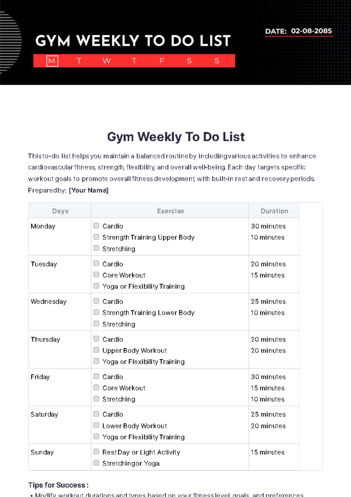 Gym Weekly To Do List Template - Edit Online & Download