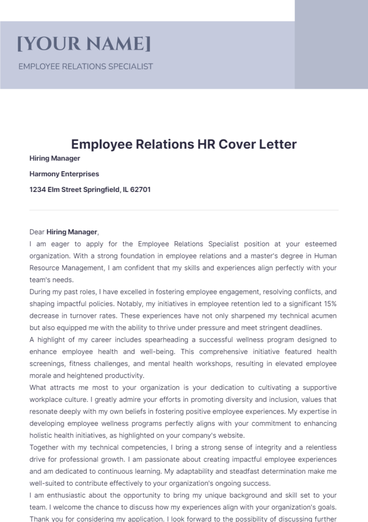 Employee Relations HR Cover Letter - Edit Online & Download