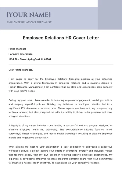 Free Employee Relations HR Cover Letter to Edit Online