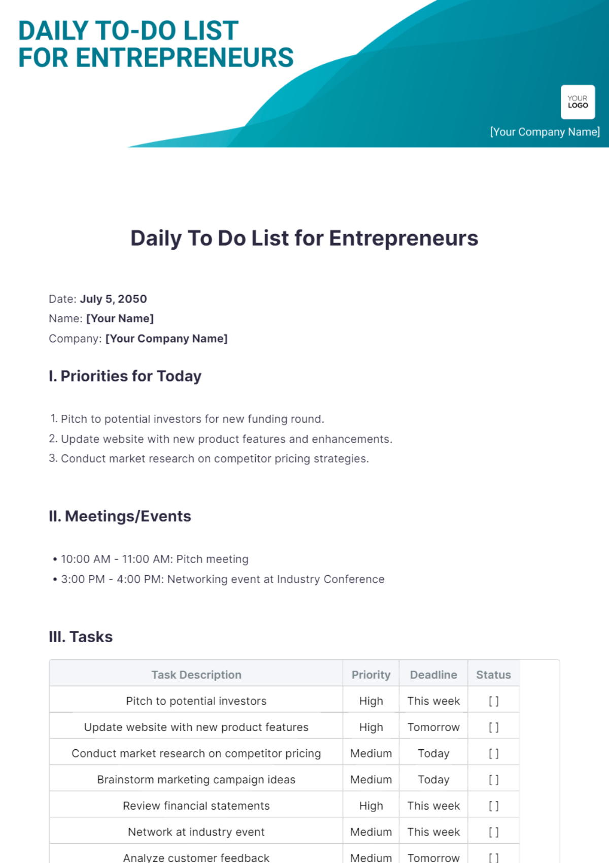 Daily To Do List Template for Entrepreneurs - Edit Online & Download