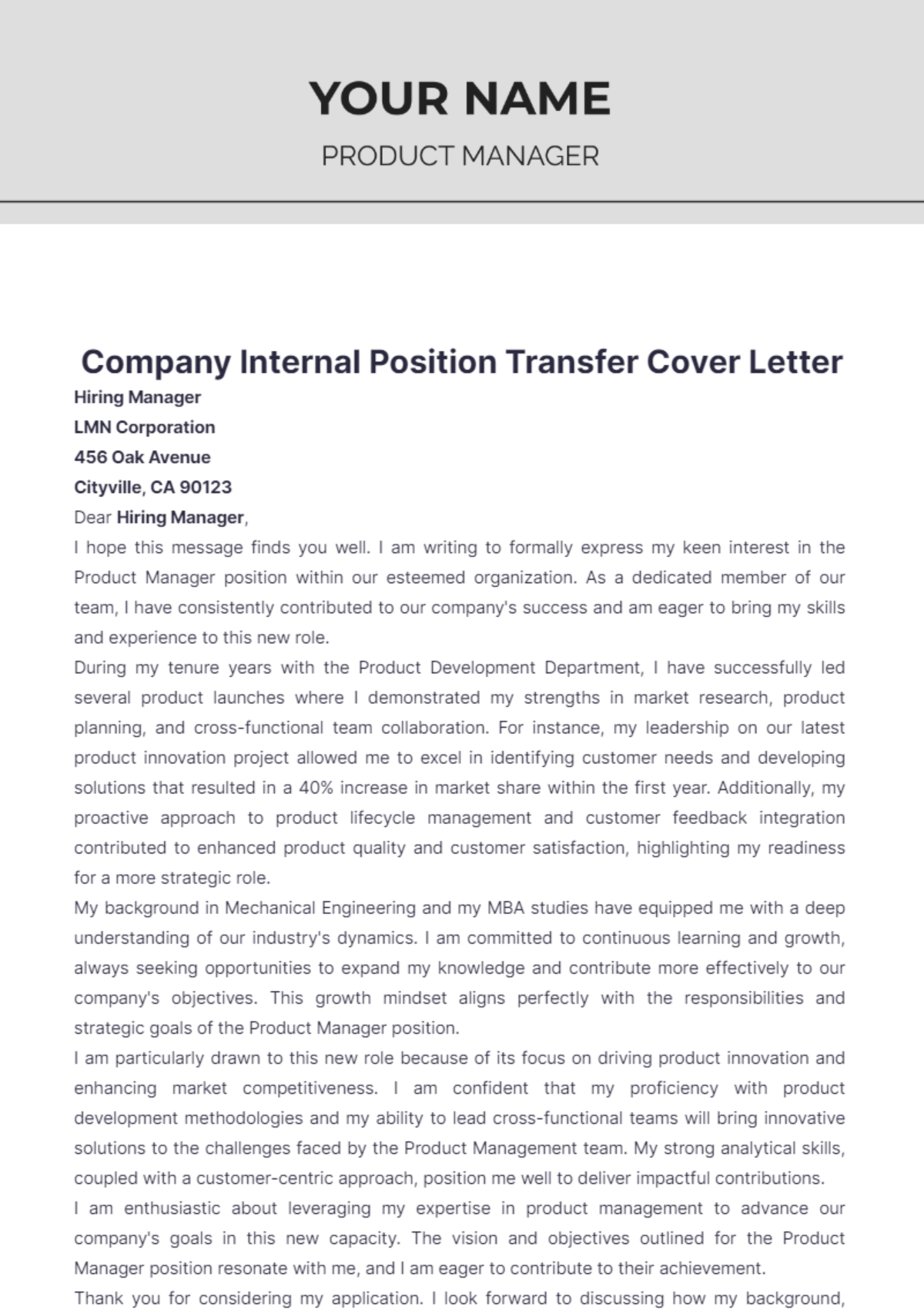 Company Internal Position Transfer Cover Letter - Edit Online & Download